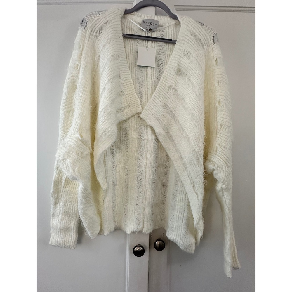 HAYDEN Cream Distressed Open Knit‎ Waterfall Cardigan Sweater M/L